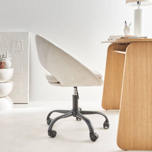 Chaise de bureau ronde à roulettes en velours blanc cassé. Pam. L 59 x P 60 x H 79 / 89cm