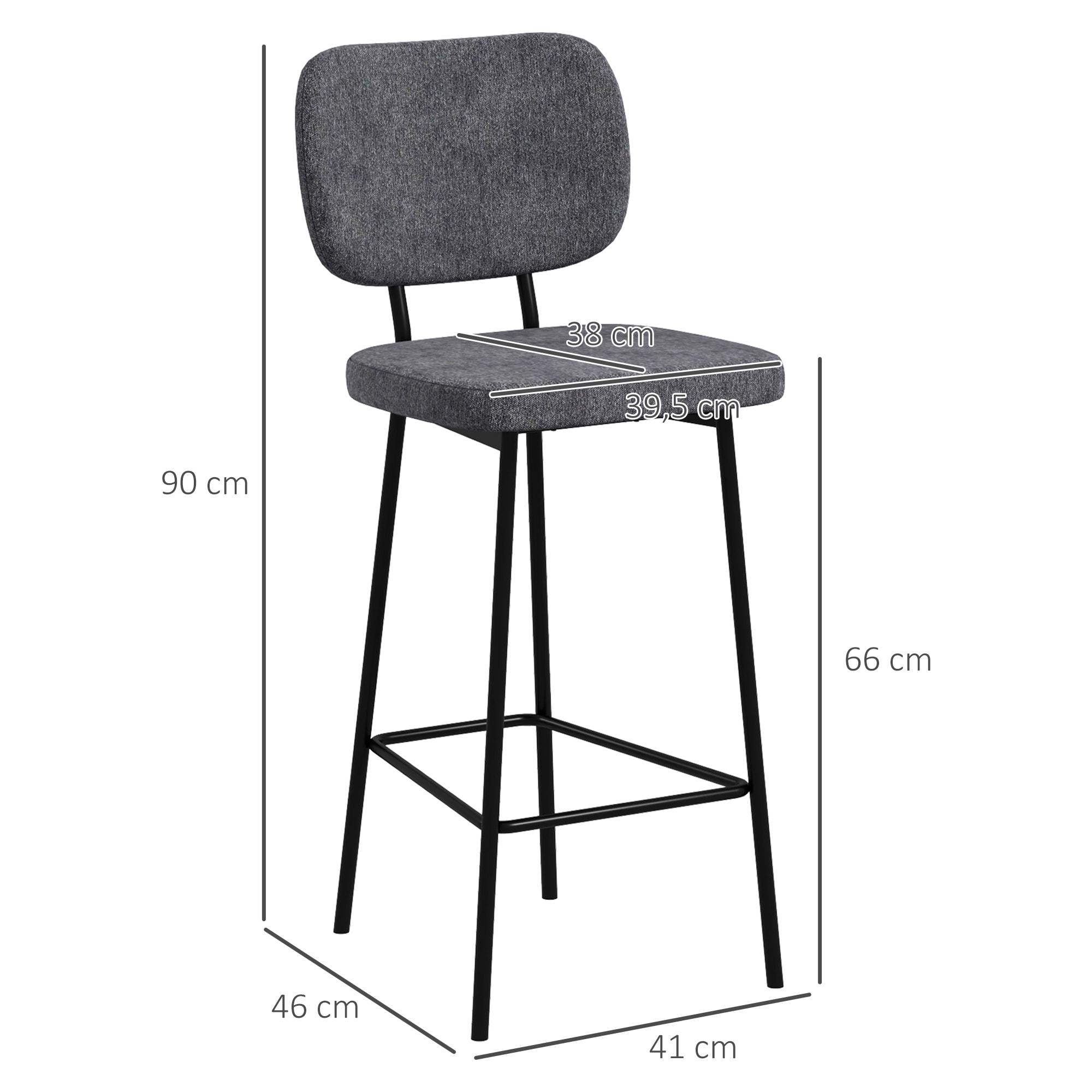 Lot de 2 tabourets de bar style néo-rétro piètement acier noir repose-pied intégré tissu gris