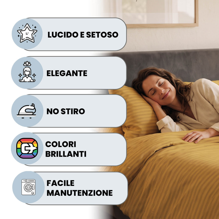 PARURE COPRIPIUMINO SATIN STRIPES, 100% Raso di Poliestere, Made in Italy, No Stiro - GIALLO