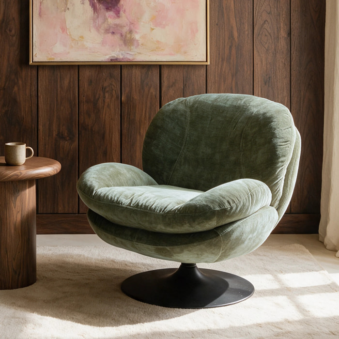 Fauteuil pivotant en tissu effet velours vert kaki - Ricci