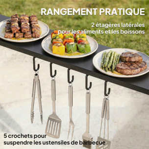 Abri pour barbecue 2 étagères latérales crochets acier noir