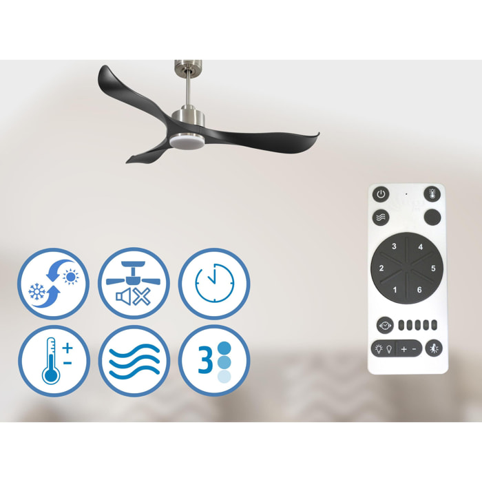Ventilateur de plafond Réversible  Thermostat Dimmable Wifi Moteur à courant continu Toits en pente Télécommande Lumière à trois tons Adaptateur 2/3 Lames
