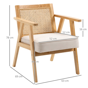 HOMCOM Butaca de Salón Sillón de Salón con Reposabrazos Respaldo de Ratán y Marco de Madera de Caucho Butaca para Dormitorio Sala de Estar Carga 120 kg Natural y Beige