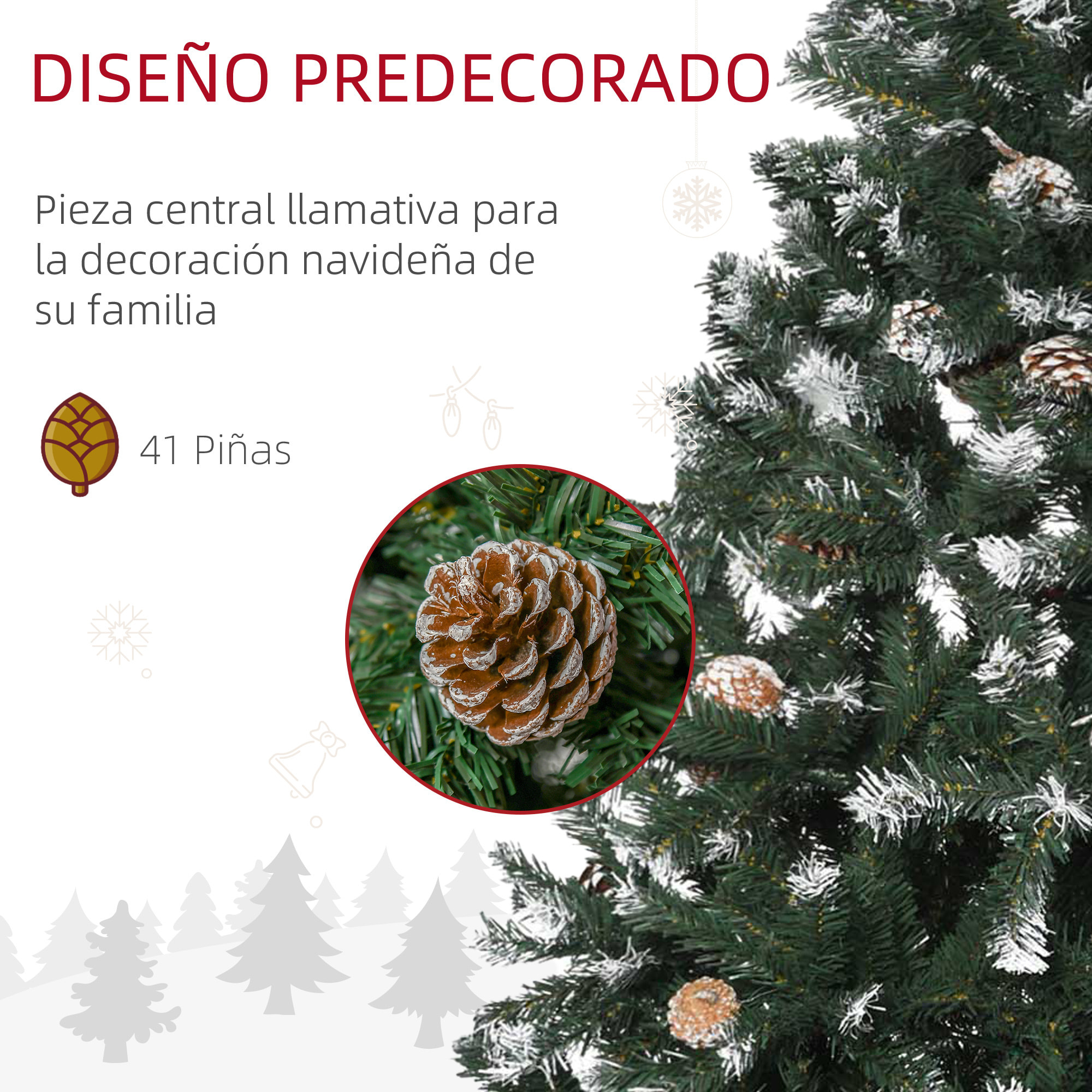 HOMCOM Árbol de Navidad Artificial 150 cm con Nieve Ignífugo con 676 Ramas 41 Piñas Hojas de PVC Apertura Automática Base Plegable y Soporte Metálico Decoración Navideña para Interiores Verde