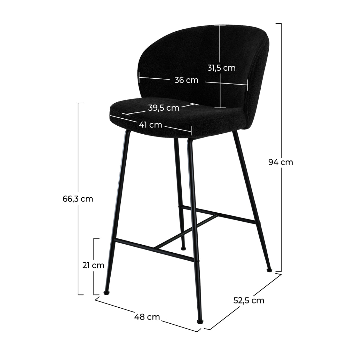 Lot de 2 chaises pour îlot central 66 cm en tissu bouclé noir - Groom