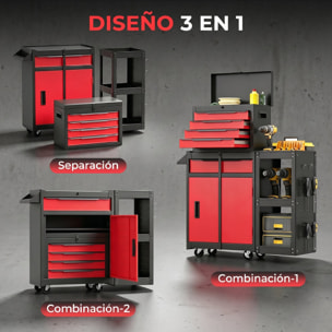 Carro de Herramientas con 5 Cajones 3 en 1, Caja de Taller Metálica con Soporte Lateral, Armario Inferior, Paneles Perforados, Cerradura, Asa, 2 Ruedas con Freno de Bloqueo, Negro y Rojo