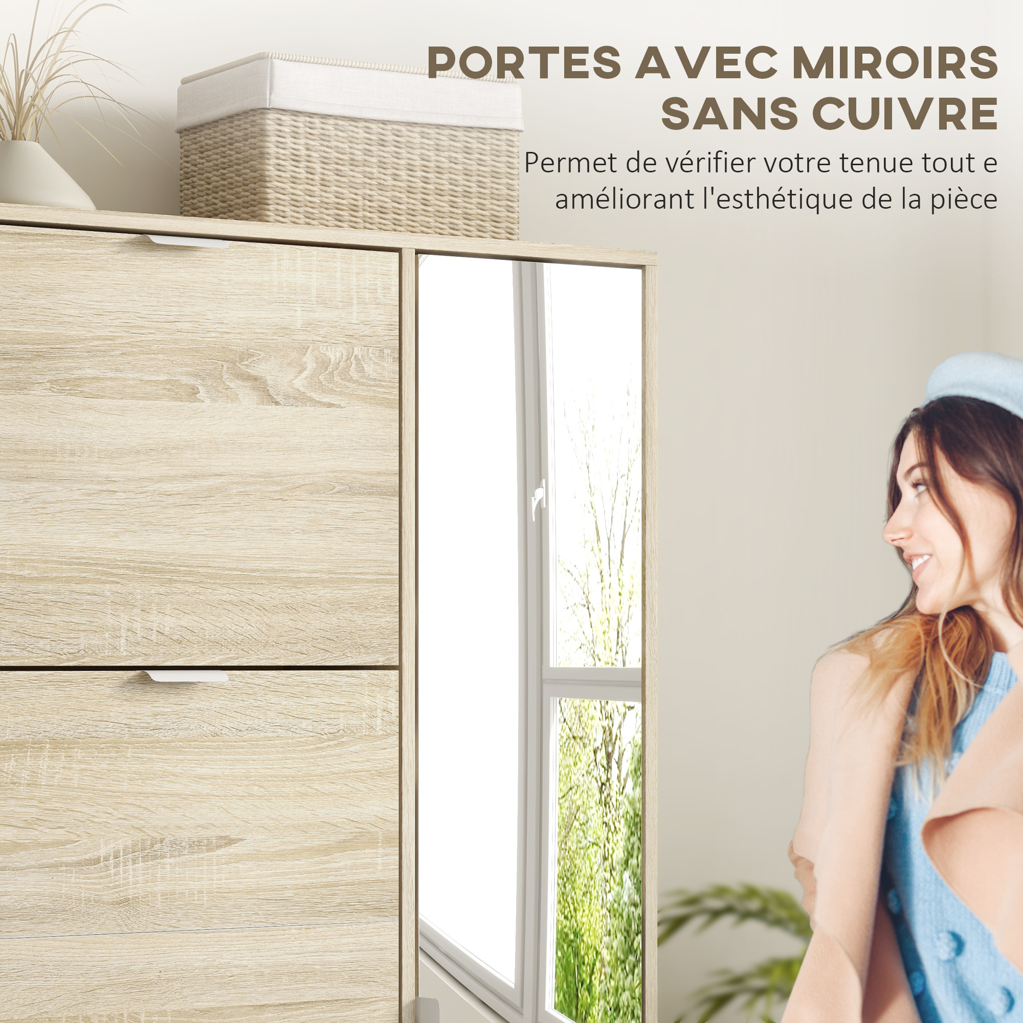 Meuble à chaussures - 4 portes abattantes, 2 portes miroirs, étagères réglables - aspect bois naturel