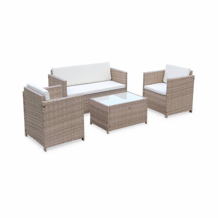 Salon de jardin en résine tressée - Perugia - Résine naturelle Coussins  beiges - 4 places - 1 canapé. 2 fauteuils. une table basse