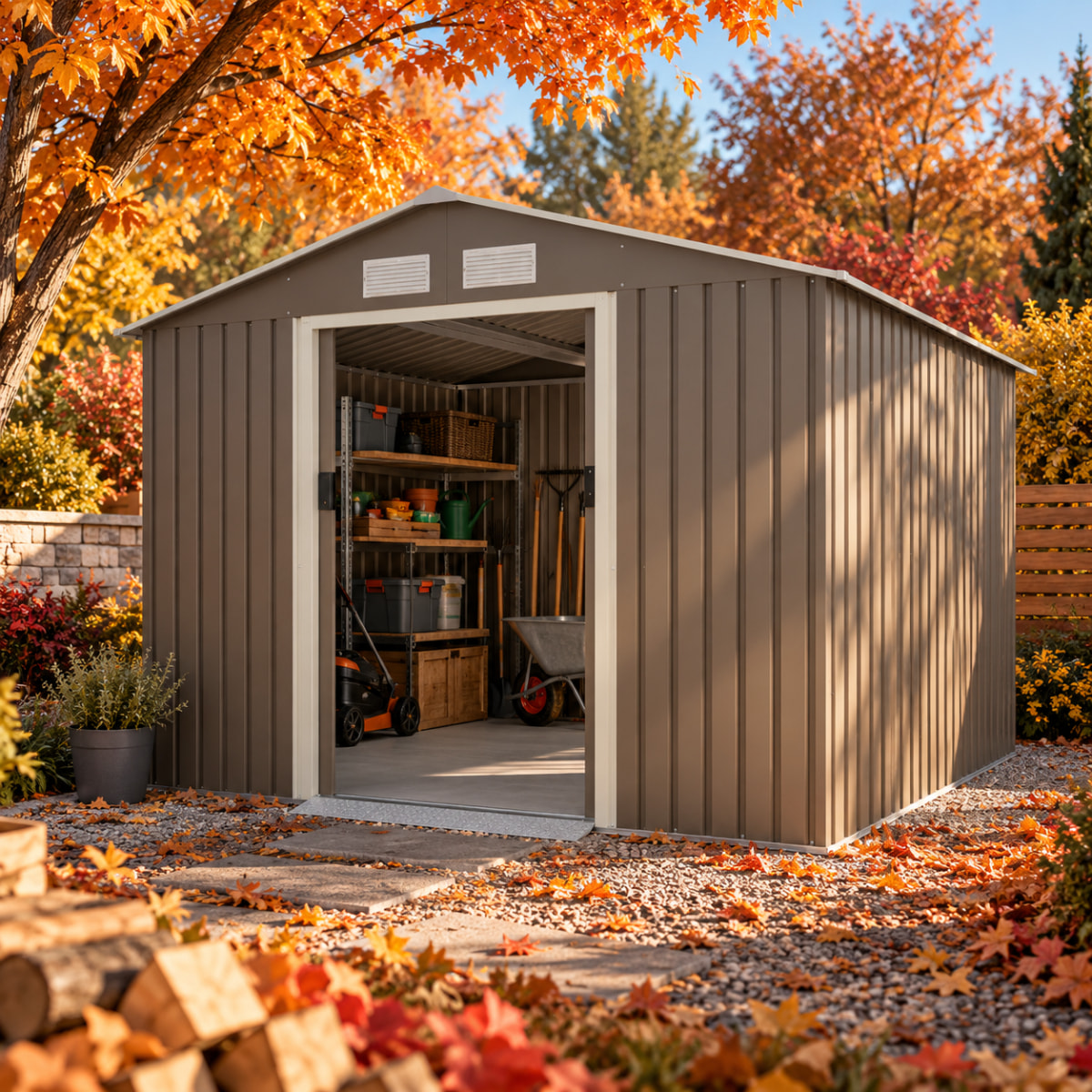 Abri de jardin métal gris/vert 5,8 m² + kit d'ancrage