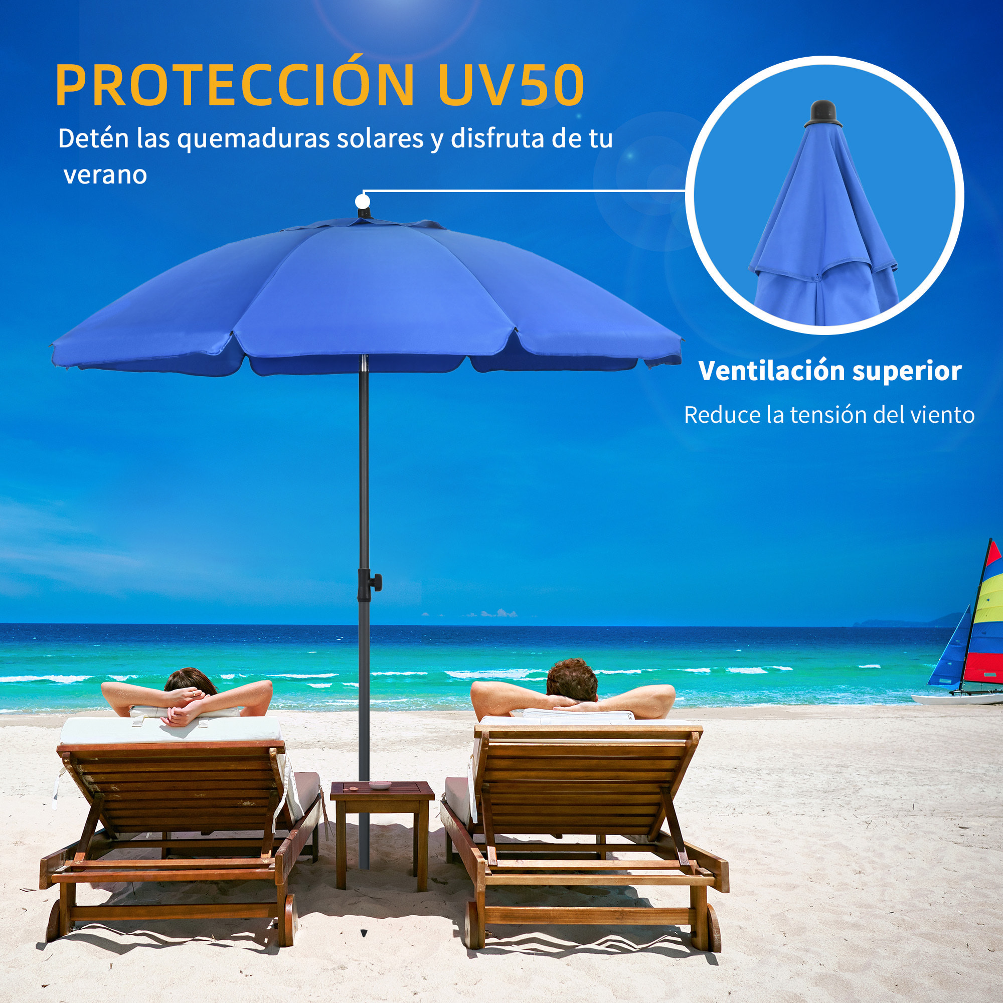 Sombrilla de Playa Grande Ø180 cm Sombrilla de Terraza Exterior con Ángulo Ajustable Protección UV50+ Impermeable Mástil de Ø32 mm Azul