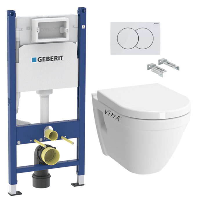 Pack WC Bati-support Geberit Duofix + WC suspendu Vitra S50 + Abattant soft close + Plaque blanche + Set d'isolation phonique (S