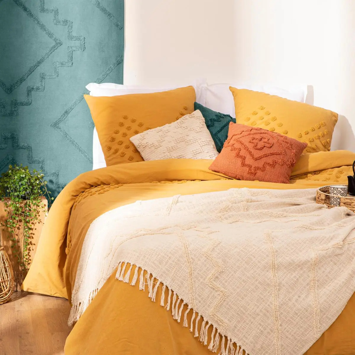 Jeté de lit "Inca" coton tufté blanc ivoire 130x180cm