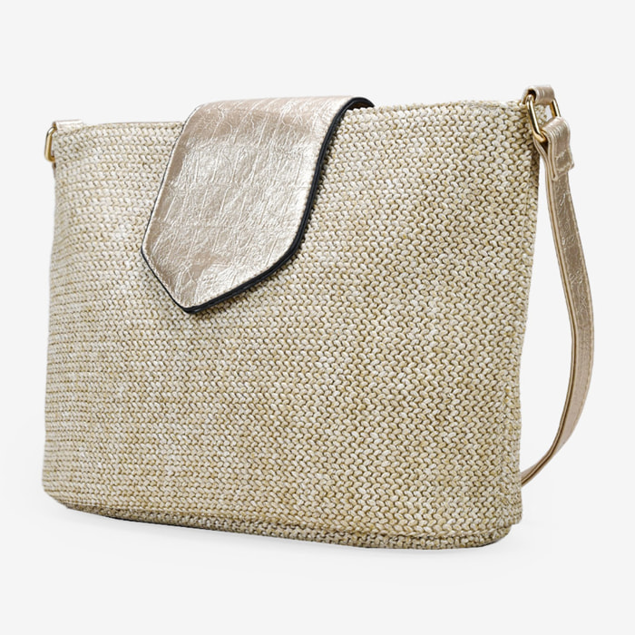 Bolso bandolera dorado en rafia con solapa