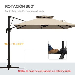 Sombrilla de Jardín 300x300 cm Parasol de Aluminio con Manivela Poste Giratorio 360° Doble Techo Inclinable en 6 Posiciones y Base Cruzada Incluida Caqui