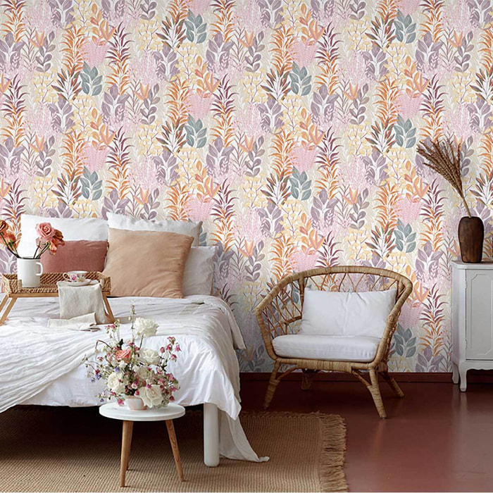 Papier peint feuillage aquarelle pastel rosé