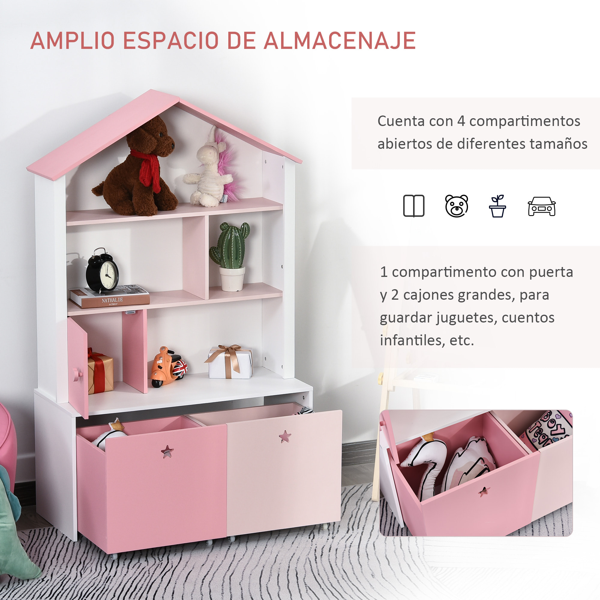 Estantería de Madera Infantil con 4 Compartimentos 1 Puerta 2 Cajones con Ruedas