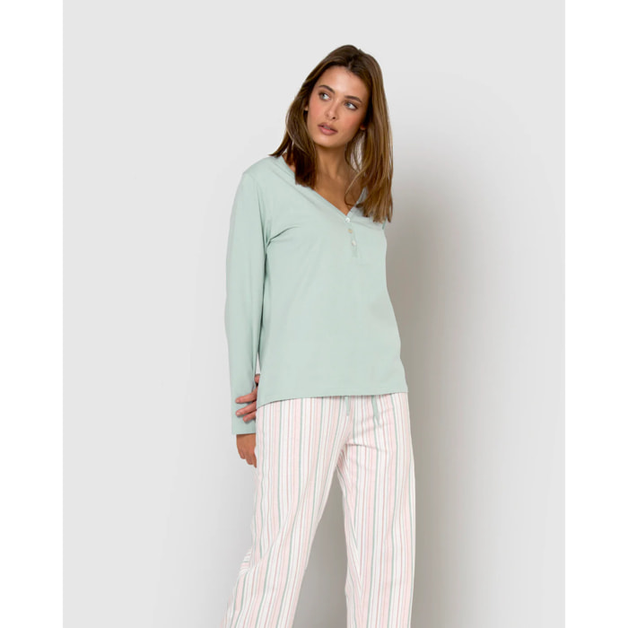Pijama largo de algodón con escote pico serena verde azulado
