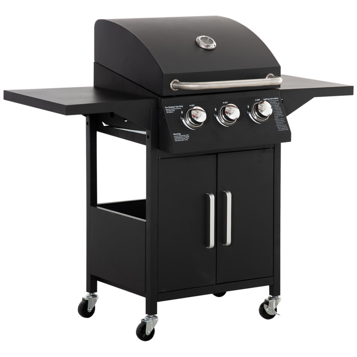 Barbacoa de Gas con 3 Quemadores 8,7 KW Termómetro 2 Parrillas de Gas con 2 Mesas Laterales Armario de 2 Puertas 4 Ruedas y Frenos Acero al Carbono para BBQ 121x55x109 cm Negro