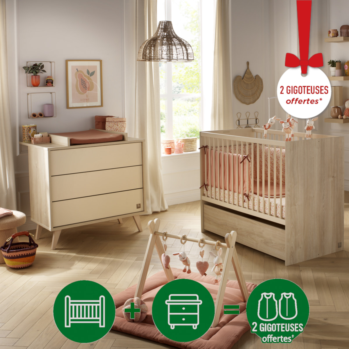 Chambre bébé évolutive Mélinée, Lit 120x60 évolutif et Commode à langer 3 tiroirs - Chêne sépia