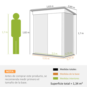 Caseta de Jardín Exterior 1,16 m² 163x89x182 cm Cobertizo de Jardín Exterior con Puerta Corredera y Techo Inclinado Armario para Jardín Terraza Patio Verde