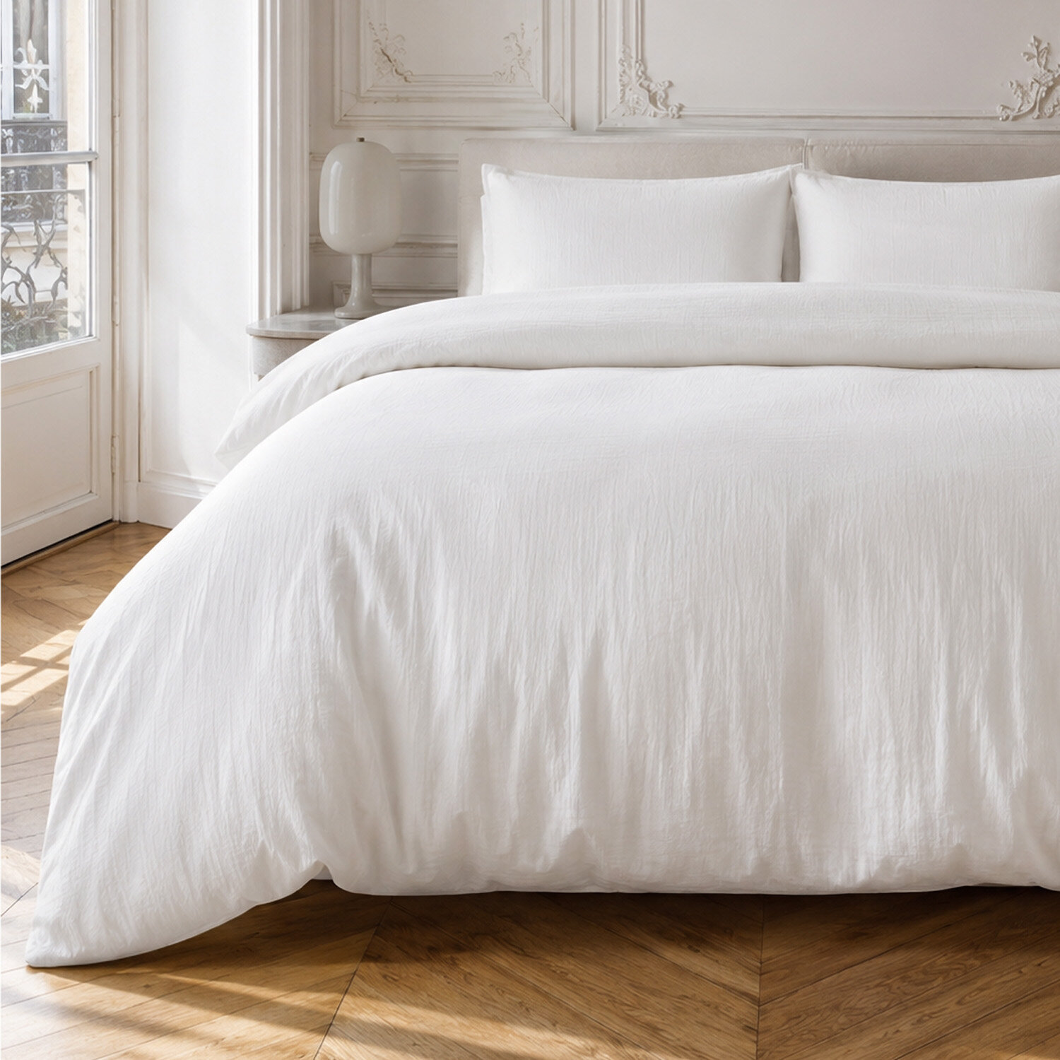 Parure housse de couette 100% gaze de coton unie blanc, RELAX