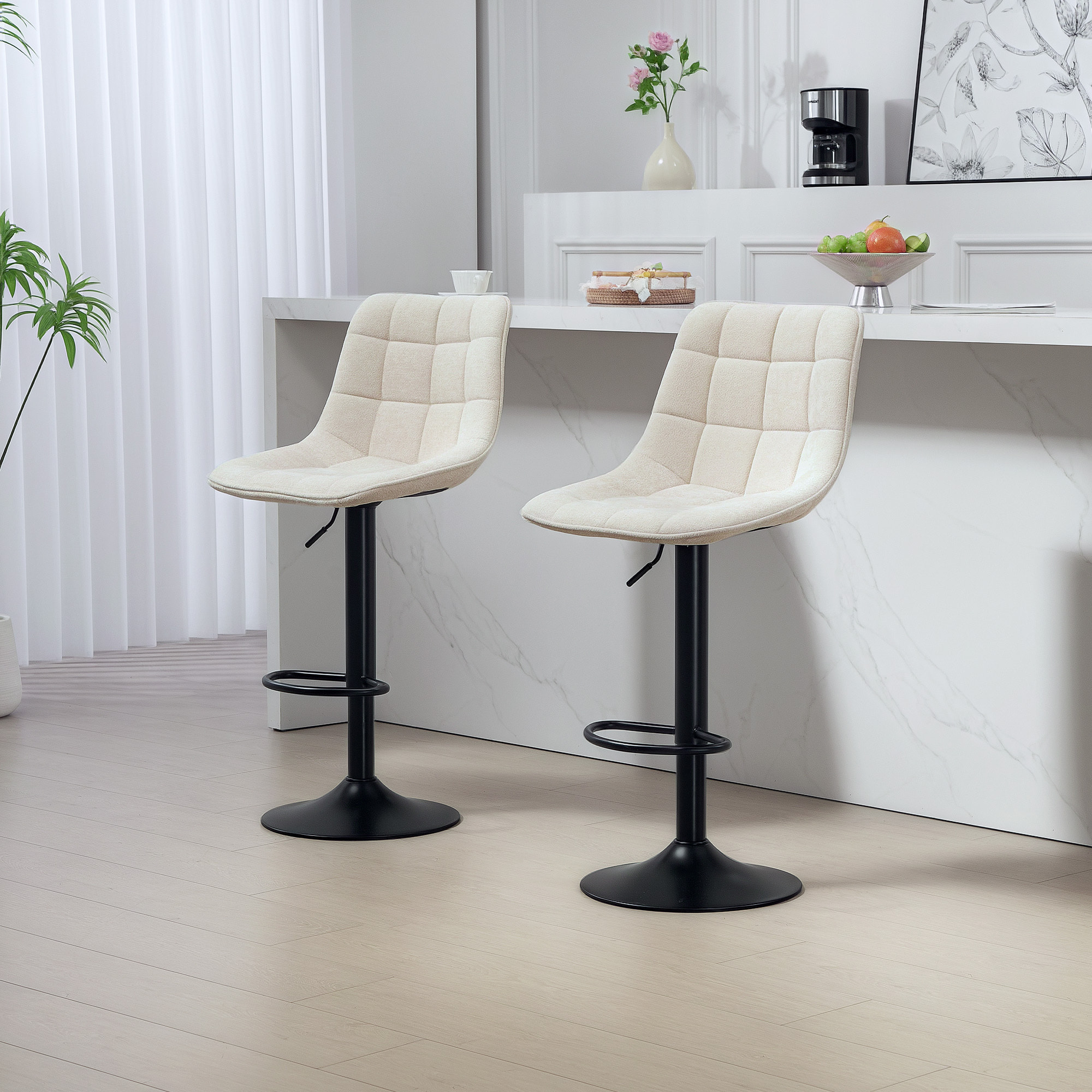 Lot de 2 tabourets de bar design pivotant réglable tissu matelassé finition chenille beige