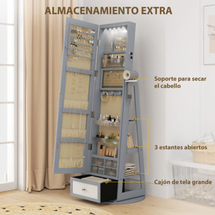 Espejo Joyero con Luces LED, Armario para Joyas, Armario Joyero con Espejo Entero, Giratorio de 360°, Cajón, Cerradura, Estantes Abiertos, Soporte para Secador, Gris Claro