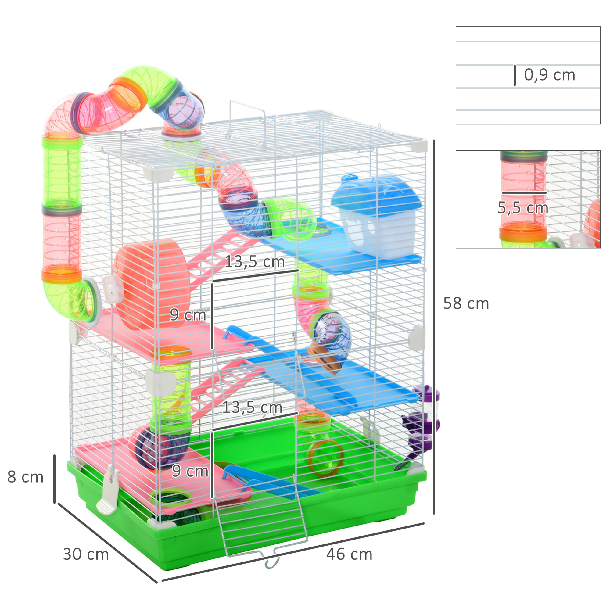 Cage pour hamster souris rongeur 4 étages avec tunnels mangeoire roue maison échelles dim. 46L x 30l x 58H cm vert