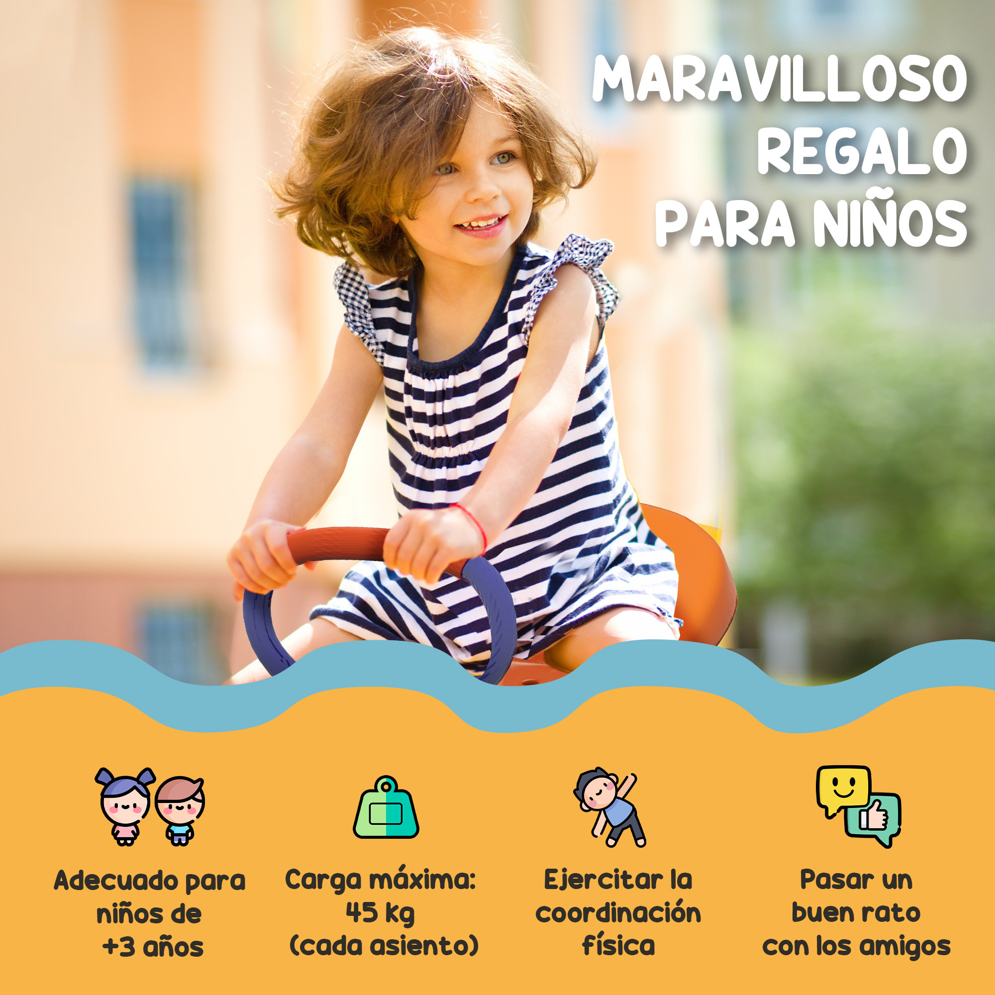 Balancín para Niños Carga 90 kg Sube y Baja Infantil Giratorio 360° con Barra con Longitud Ajustable Poste Amortiguador Asa Suave Asiento Cómodo y Base de Acero para Patio Jardín Multicolor