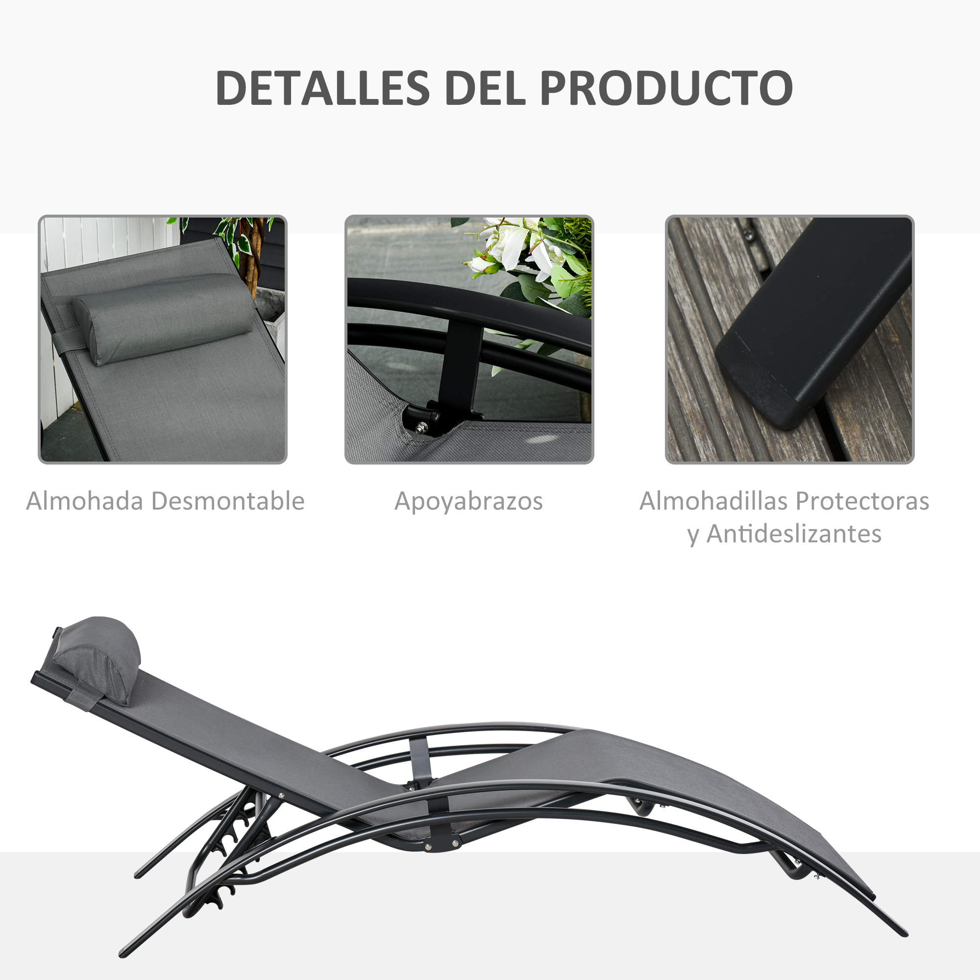 Tumbona Reclinable con Respaldo Ajustable Reposacabezas Extraíble Aluminio Gris