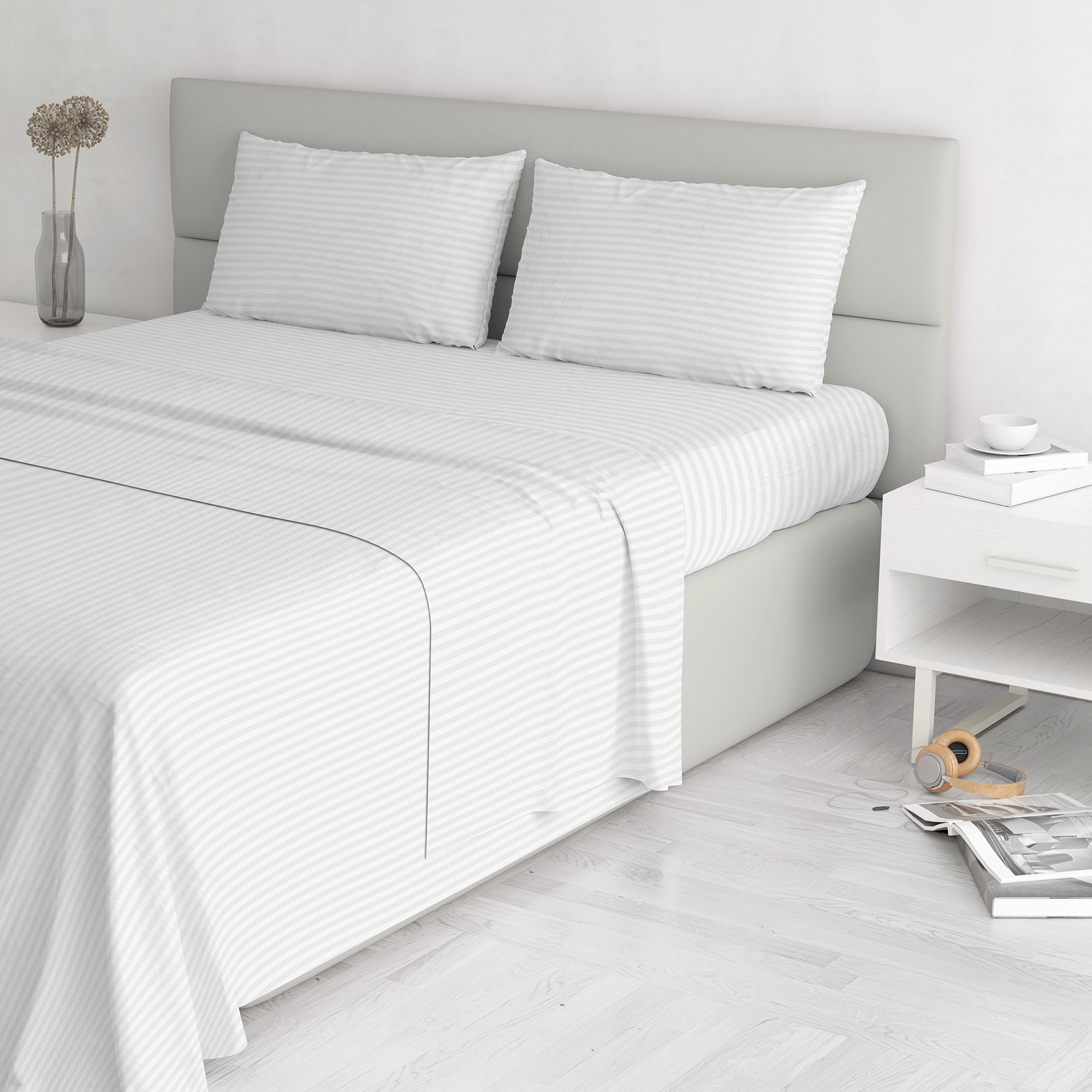 COMPLETO LETTO SATIN STRIPES, 100% Raso di Poliestere, Tinta Unita, Made in Italy - BIANCO