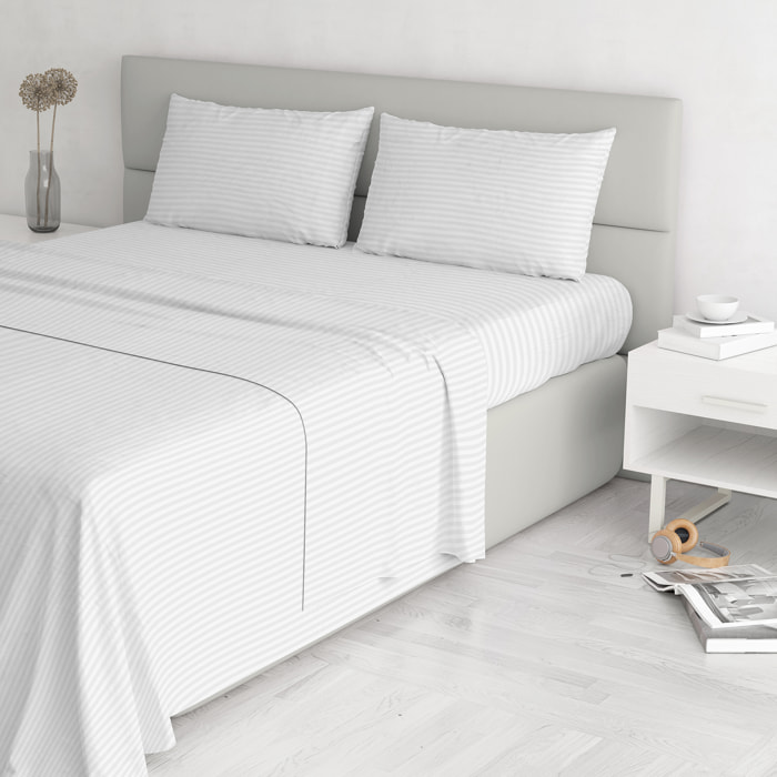 COMPLETO LETTO SATIN STRIPES, 100% Raso di Poliestere, Tinta Unita, Made in Italy - BIANCO