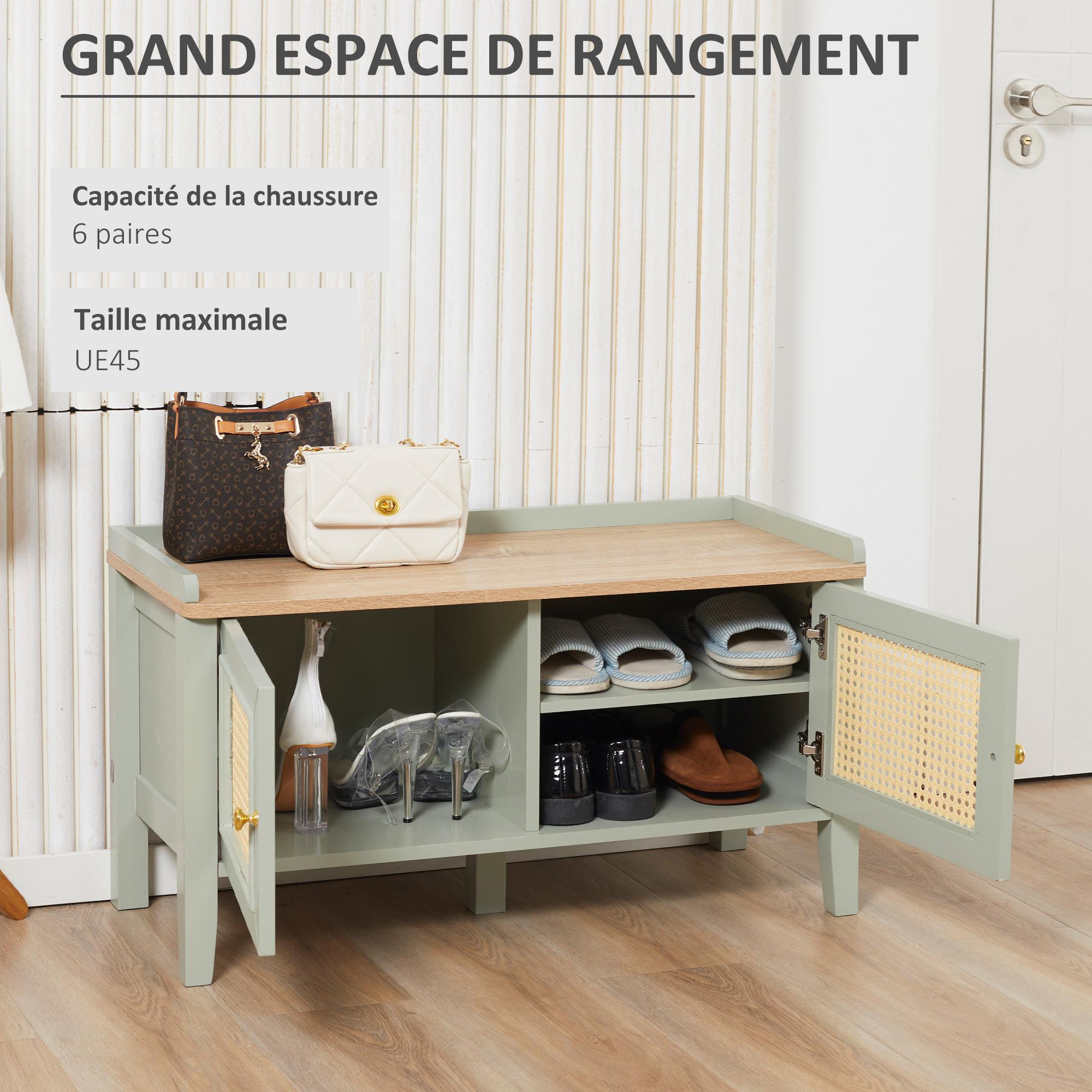 Meuble chaussures banc à chaussures 2 en 1 style bohème chic 2 portes étagère réglable - MDF vert d'eau aspect chêne clair rotin