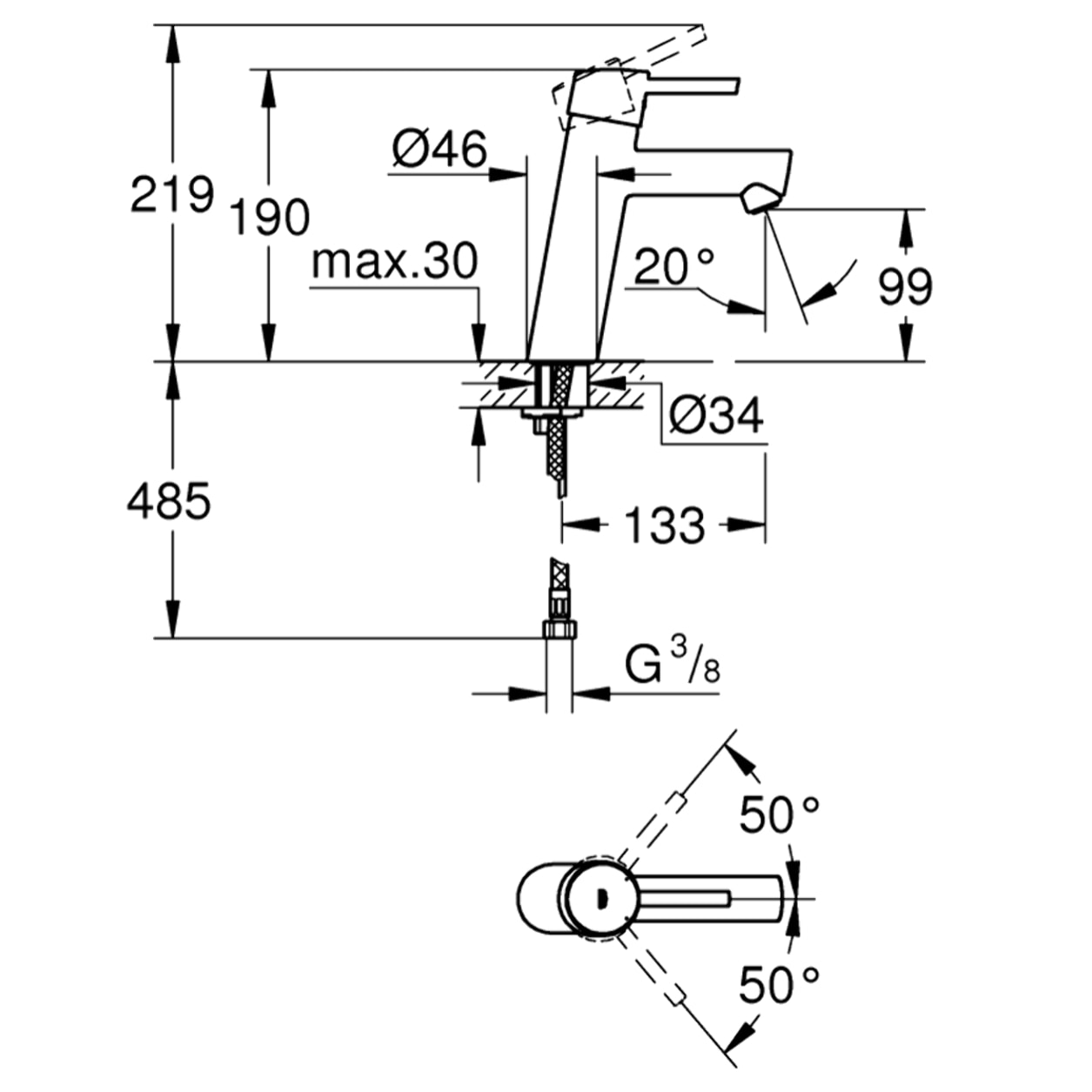 Mitigeur monocommande Lavabo Concetto, Taille M, chromé