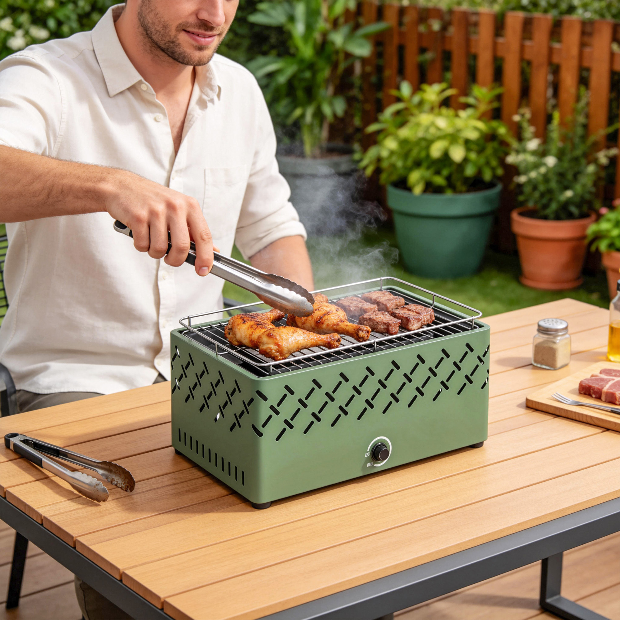 Barbacoa de Carbón, Barbacoa Portátil, 45,5x29x21 cm, con Ventilador Integrado, Temperatura Ajustable y Bandeja de Carbón, para Camping, Picnic, Fiesta en Jardín, Verde Claro