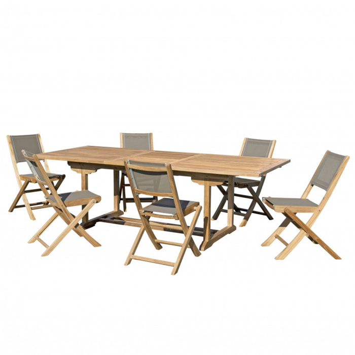 HARRIS - SALON DE JARDIN EN BOIS TECK 8/10 pers - 1 Table rectangulaire extensible 180/240*100 cm et 6 chaises taupe