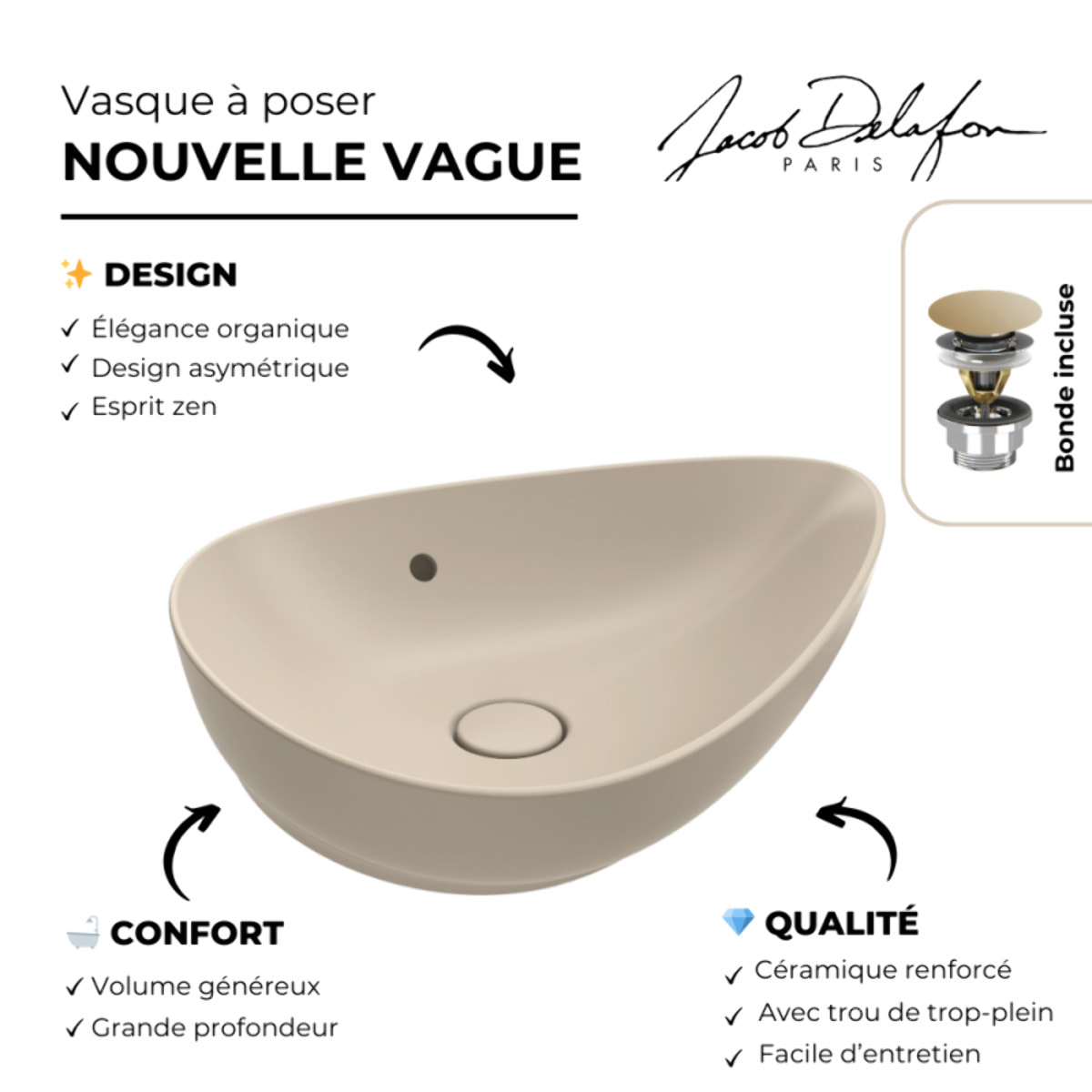 Vasque asymétrique à poser Nouvelle vague satinée argile