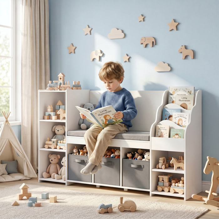 Estantería Infantil Juguetes con Rincón de Lectura, Organizador de Juguetes con Cojín, 3 Cajones de Tela, 3 Estantes, 4 Cubículos, 3-8 Años, Dormitorio, Guardería, 137x40x80 cm, Blanco y Gris