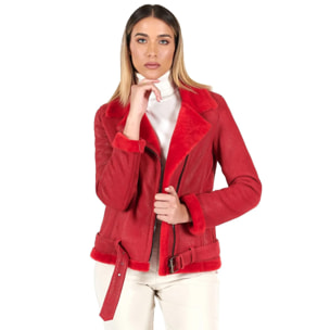 Montone shearling rosso con cintura e cerniera trasversale