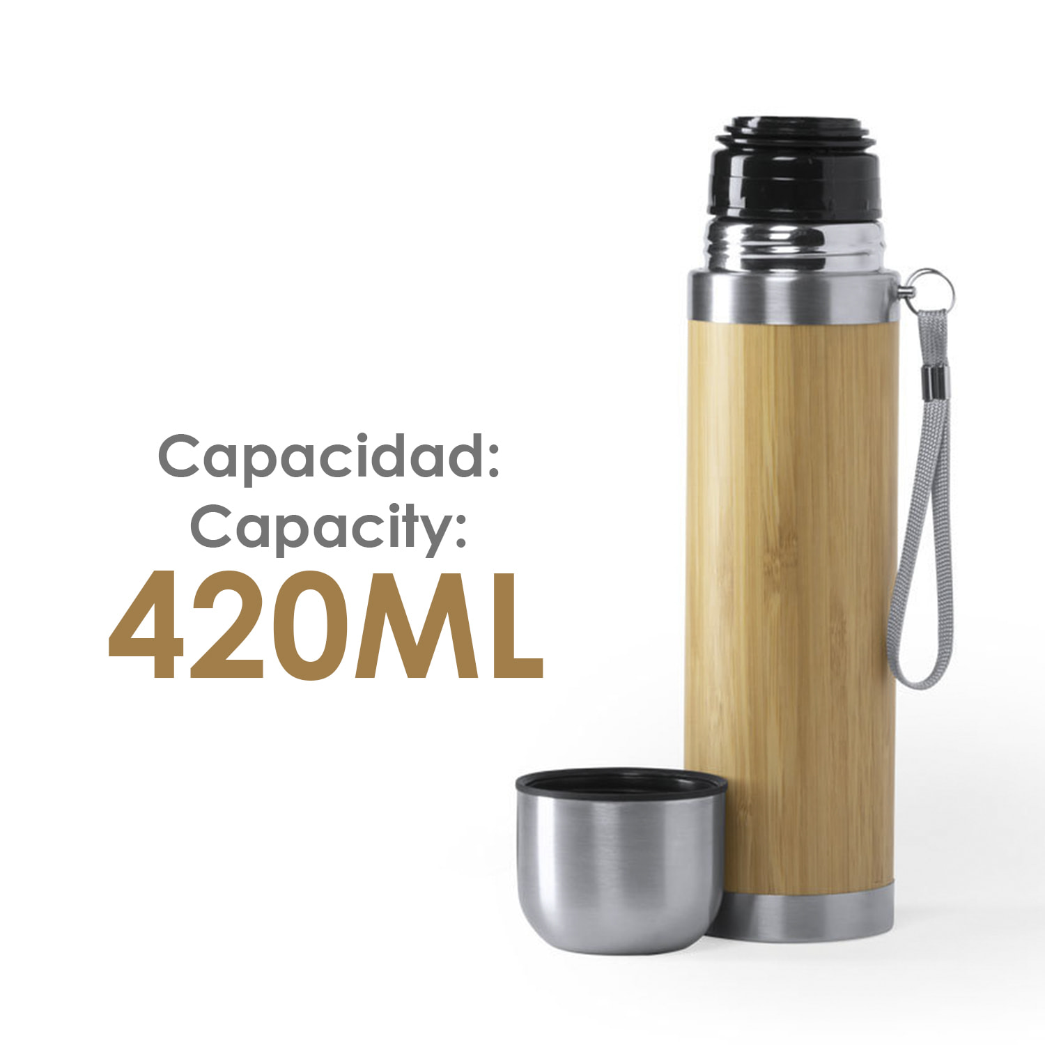 Tiaky thermos freddo/caldo doppia parete in bamboo e acciaio inossidabile da 420ml. Copertura per mantenere la temperatura e chiusura con tappo tazza.