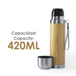 Tiaky thermos freddo/caldo doppia parete in bamboo e acciaio inossidabile da 420ml. Copertura per mantenere la temperatura e chiusura con tappo tazza.