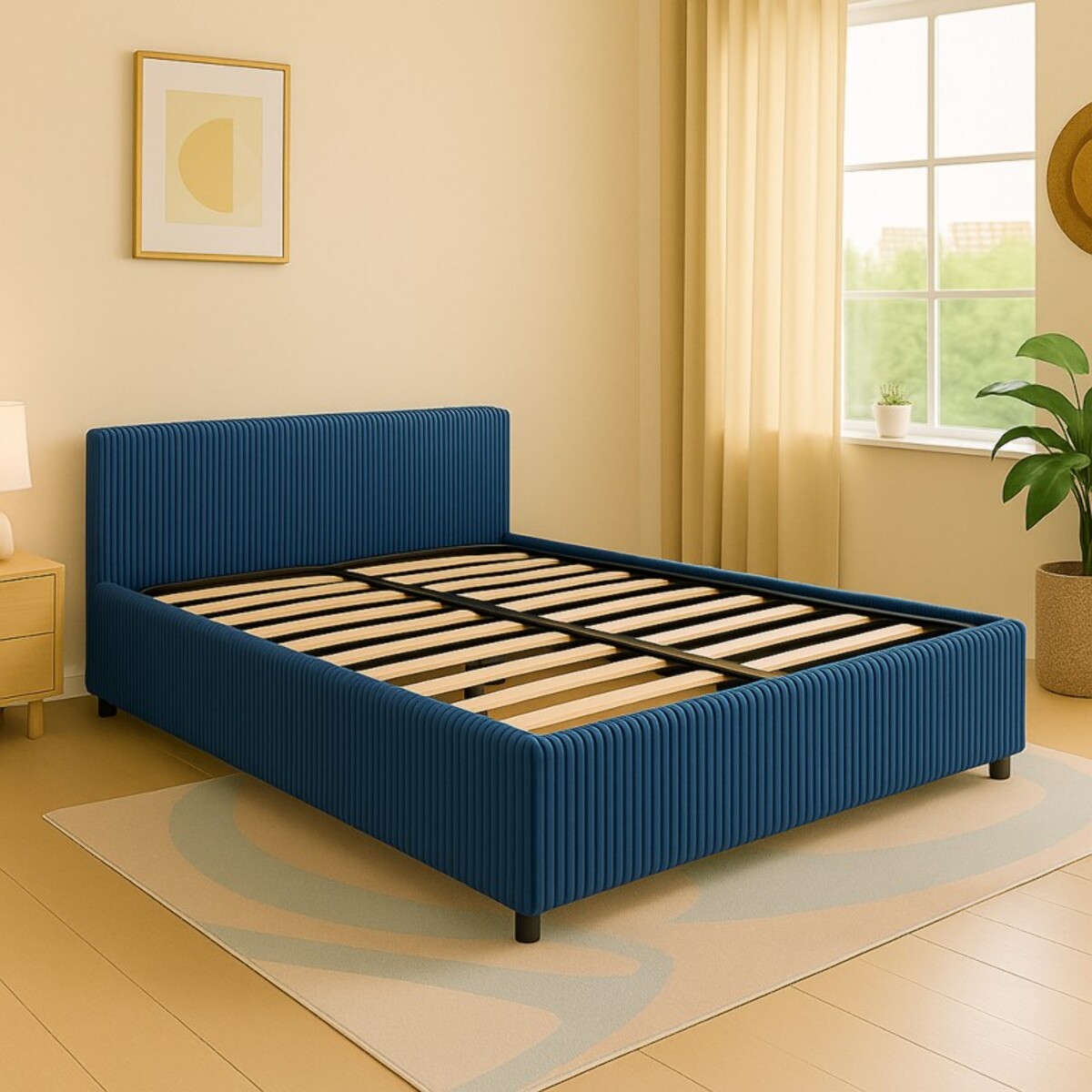 Lit coffre Colisée avec tête de lit | Robuste et confortable | Montage simple rapide | Velours Côtelé | Bleu nuit