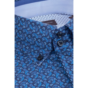 Camicia Uomo 2 Bottoni Button Down Slim Popeline Stampato Blu/Turchese