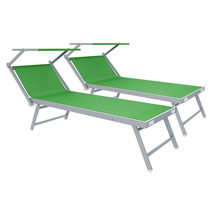 Coppia Di Lettini Prendisole Pieghevole Professionale in Alluminio e Tessuto Textilene Tettuccio Parasole Sdraio Mare Spiaggia 182x60x38 cm Verde