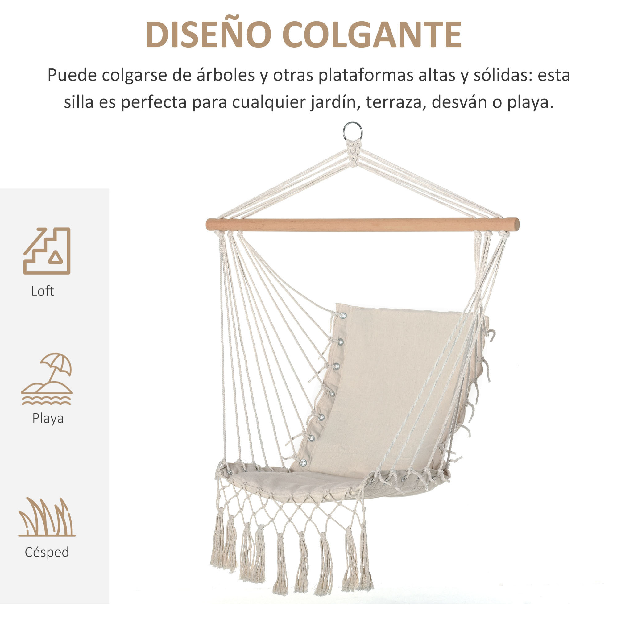 Silla Colgante con Borlas Silla Columpio de Algodón Carga 120 kg Sillón Colgante Estilo Moderno para Interior y Exterior Blanco