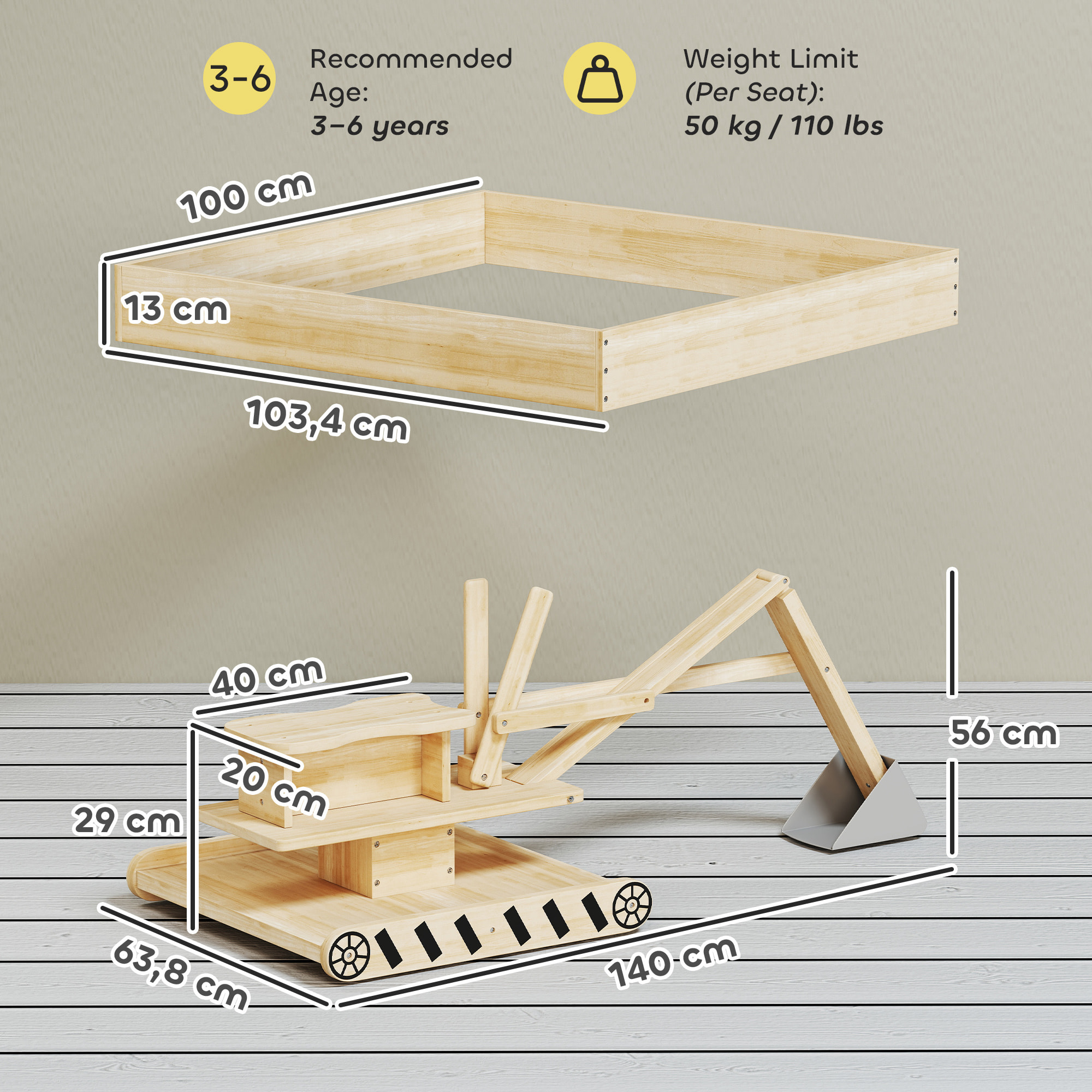 Arenero para Niños de Madera con Excavadora, Arenero Infantil con Asiento Giratorio 360° y Forro de Tela no Tejida, sin Motor, Caja de Arena para Niños de 3-6 Años, 184x90x56 cm, Natural