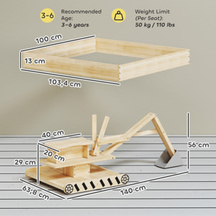 Arenero para Niños de Madera con Excavadora, Arenero Infantil con Asiento Giratorio 360° y Forro de Tela no Tejida, sin Motor, Caja de Arena para Niños de 3-6 Años, 184x90x56 cm, Natural