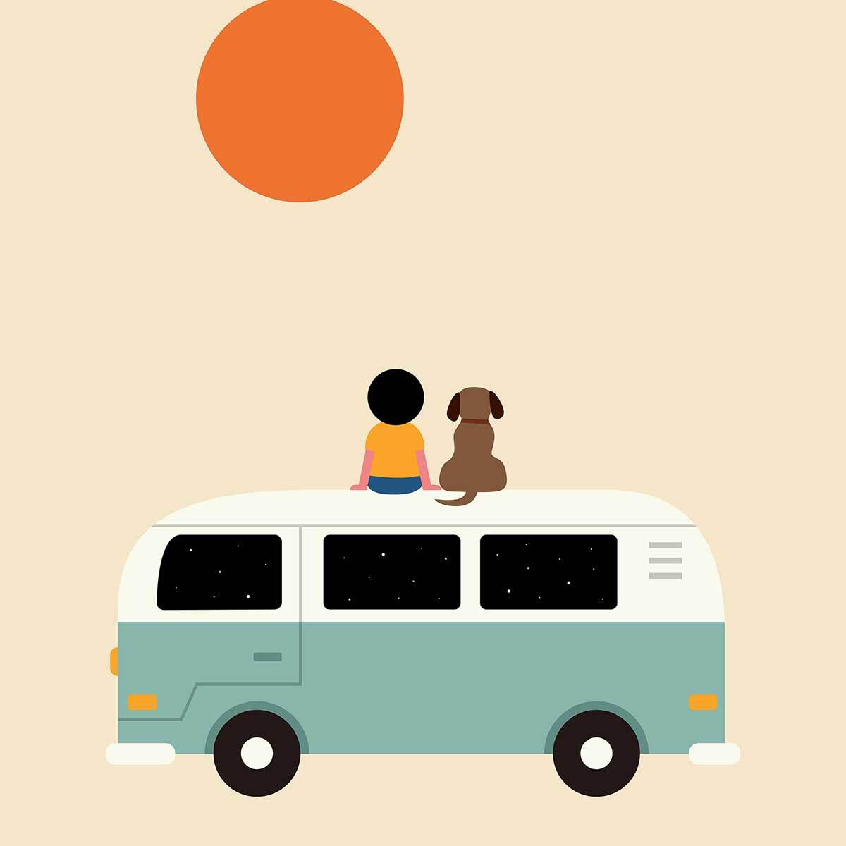 Affiche enfant sur le van  Affiche + cadre en bois - Chêne