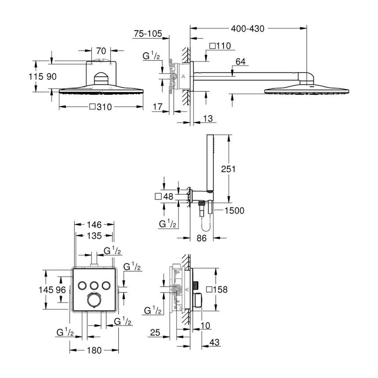 Pack douche encastrée Precision SmartControl avec Vitalio SmartActive 310 Cube