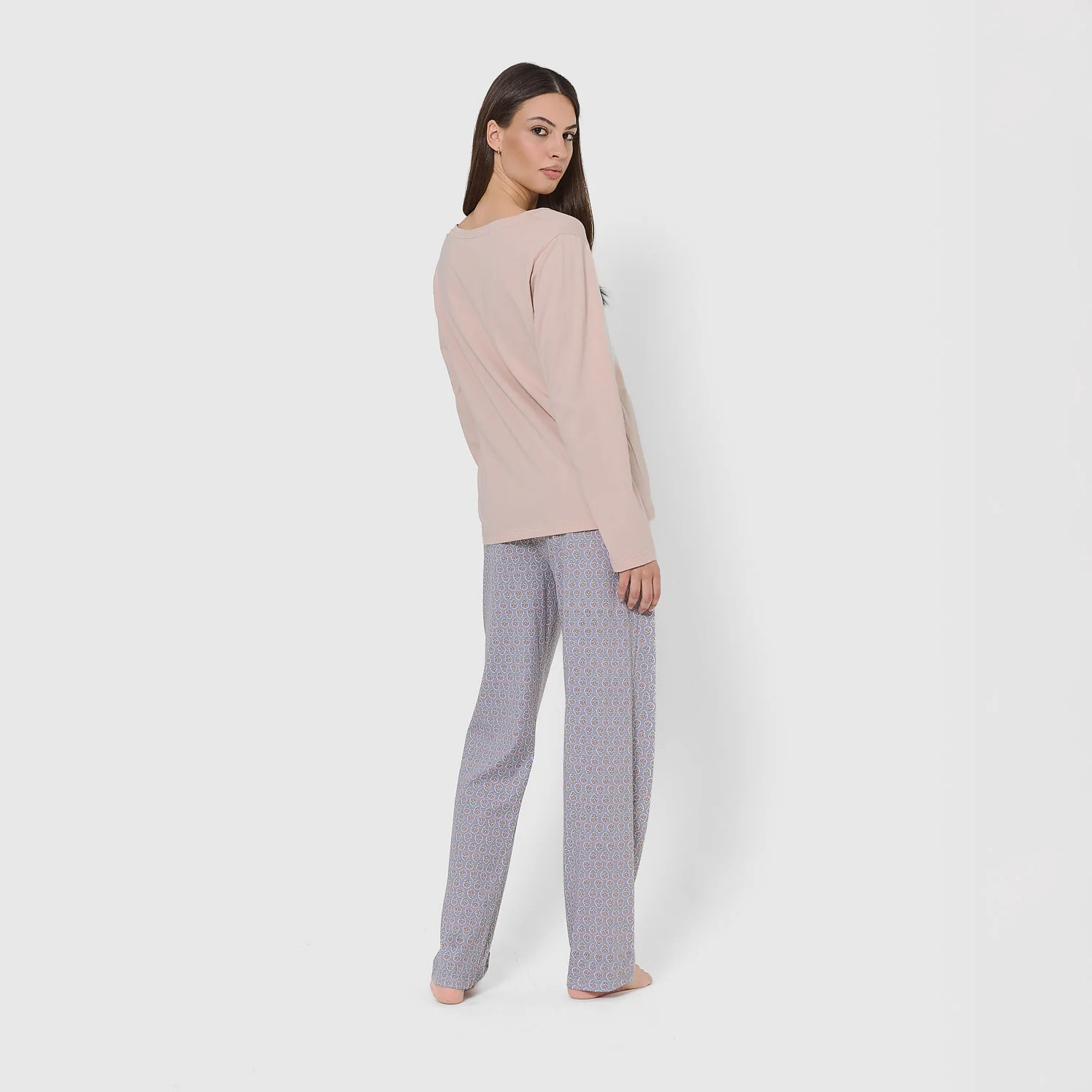 Pigiama lungo milena rosa in cotone con scollo a v
